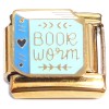 CT2334 Book Worm Light Blue Goldtone Base Italian Charm. 