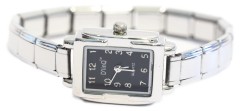 WW104black Black Rectangular Italian Charm Watch Silver Color Band